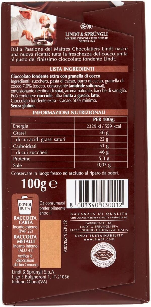 Lindt Tavoletta Fondente con pezzi di cocco 100g retro