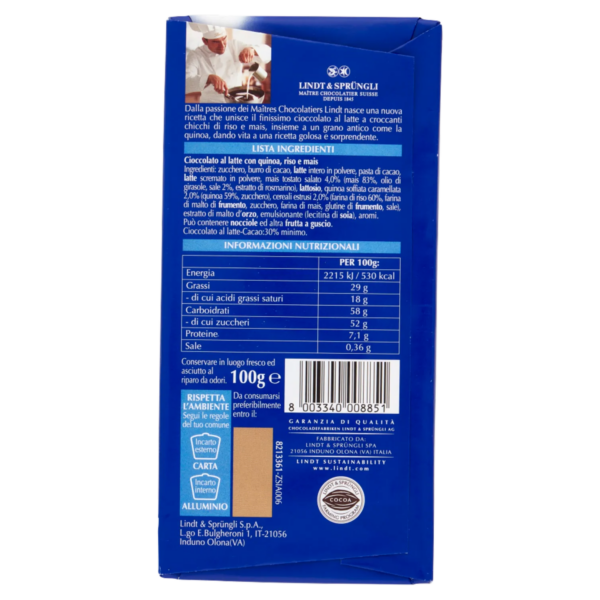 Lindt Tavoletta 3 croccanti cereali 100g retro