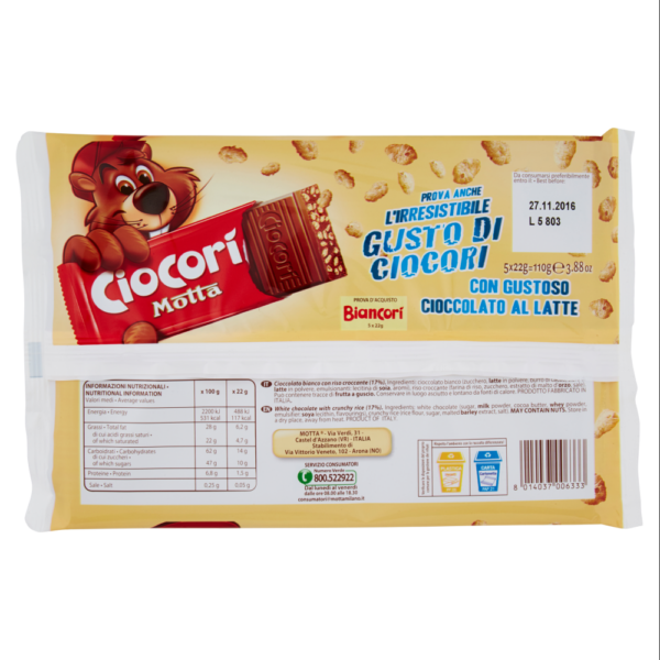 Motta Biancorì Snack al Cioccolato Bianco 110g retro