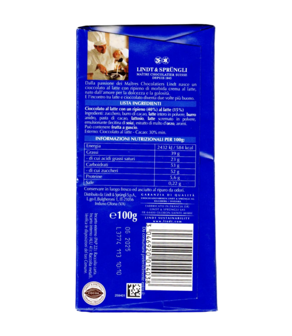 Lindt Tavoletta Cuor di latte 100g retro
