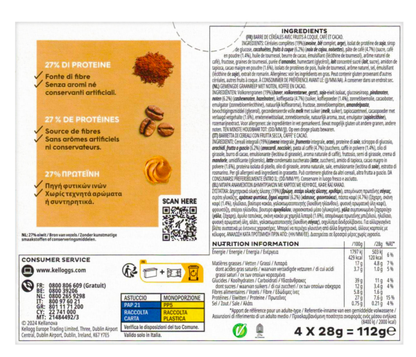 Kellogg's Barrette High Protein Caffè e Cacao 112g retro