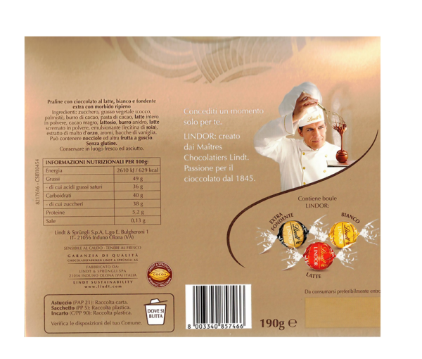Lindt Lindor Bag Assortito 190g ingredienti