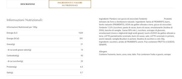 Lindt Pandoro con Gocce di Cioccolato 1kg ingredienti