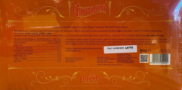 Strega Goccioloni al Cioccolato Fondente Ripieni di Liquore 100g retro