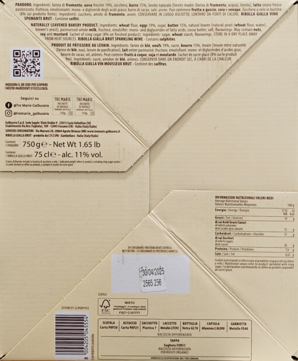 Tre Marie Pandoro Incanto di Natale 750g ingredienti