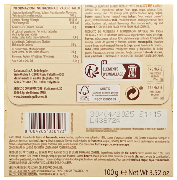 Tre Marie Mini Panettone 100g ingredienti