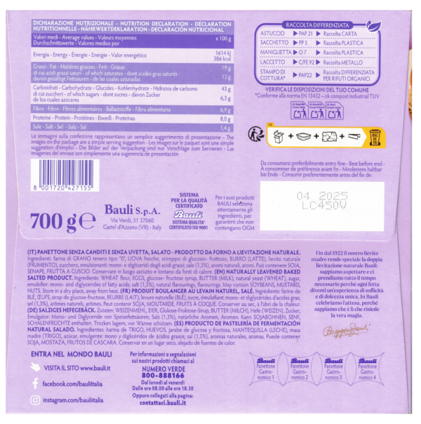 Bauli Panettone Gastronomico 700g ingredienti
