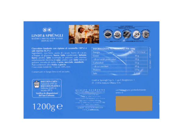 Lindt Lindor Squares Cioccolato Fondente e Caramello Salato Bocca di Lupo 1200g retro