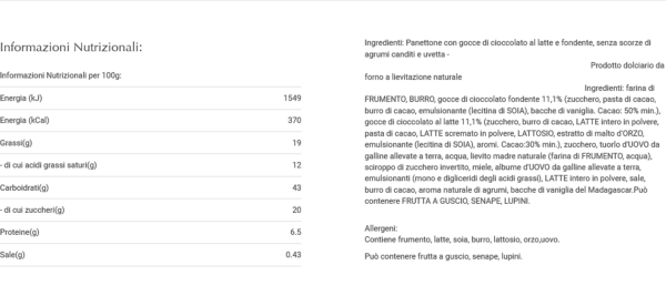 Lindt Pandoro con Gocce di Cioccolato 1kg ingredienti