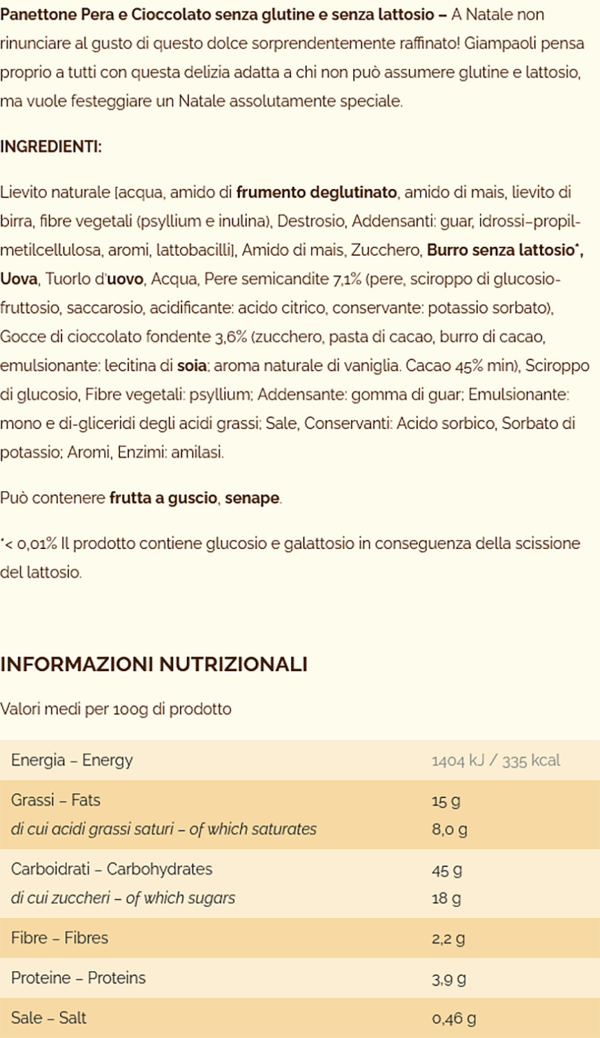 Giampaoli Panettone Pera e Cioccolato 400g ingredienti