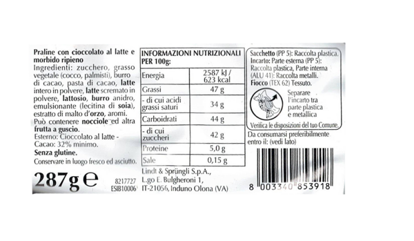 Lindt Lindor Sacchetto Latte 287g ingredienti