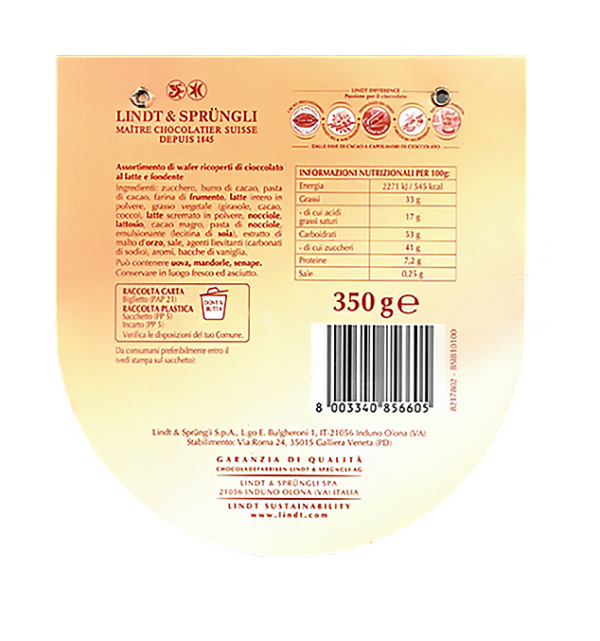 Lindt Choco Wafer Assortito 350g ingredienti