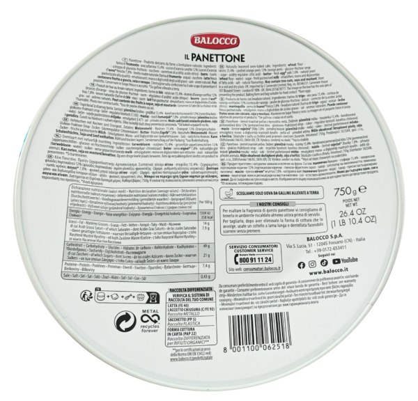 Balocco Panettone Classico in Latta 750g ingredienti