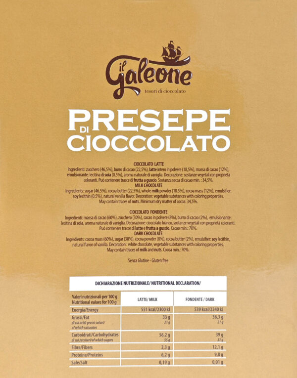 Galeone Presepe di Cioccolato Fondente e al Latte Decorato a Mano 700g ingredienti