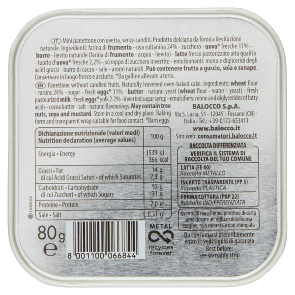 Balocco Mini Panettone Juventus 80g ingredienti