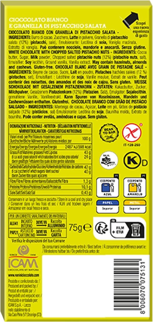 Vanini Tavoletta Tasting Experience Cioccolato Bianco e Pistacchio 75g retro