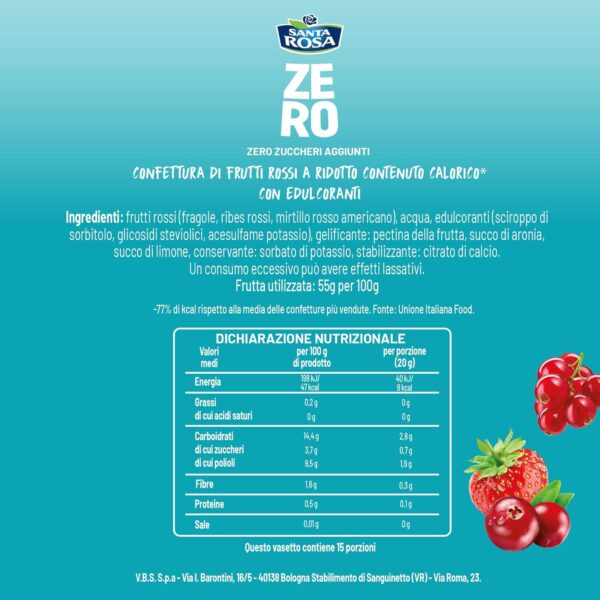 Santa Rosa Confettura Zero Zuccheri Aggiunti Frutti Rossi 300g retro