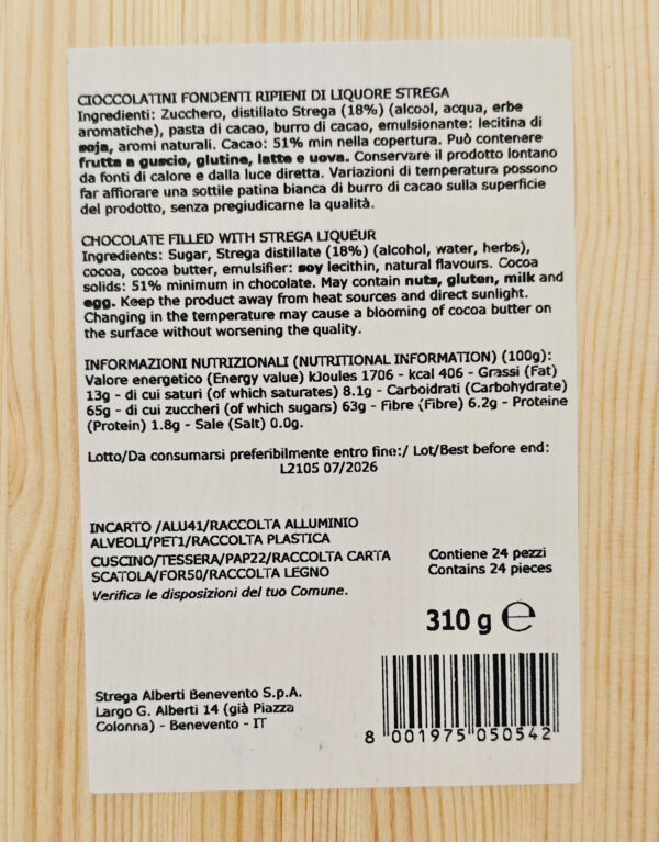 Strega Goccioloni Scrigno in Legno con Cioccolatini Fondenti Ripieni di Liquore 310g ingredienti