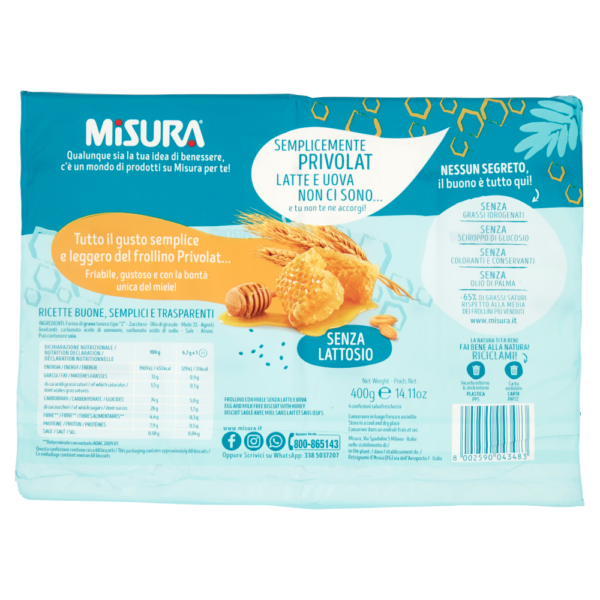 Misura Privolat Biscotti al Miele Senza Latte e Uova 400g retro