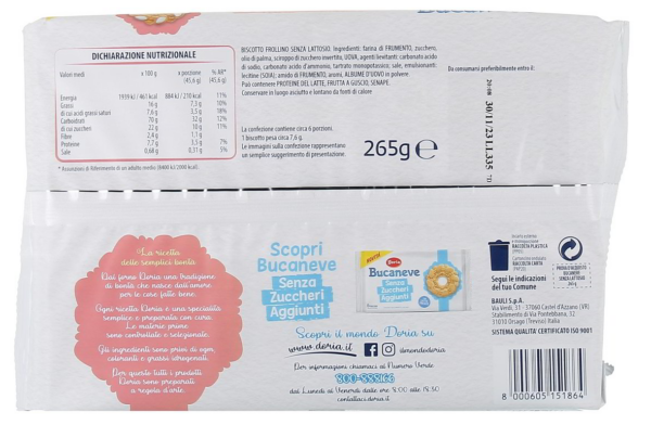 Doria Bucaneve Biscotto Senza Lattosio 265g retro