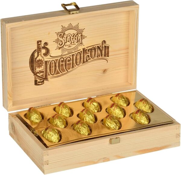 Strega Goccioloni Scrigno in Legno con Cioccolatini Fondenti Ripieni di Liquore 310g