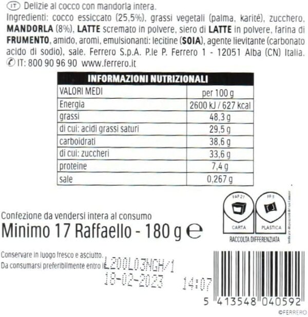 Raffaello Praline Ricoperte di Scaglie di Cocco 180g ingredienti