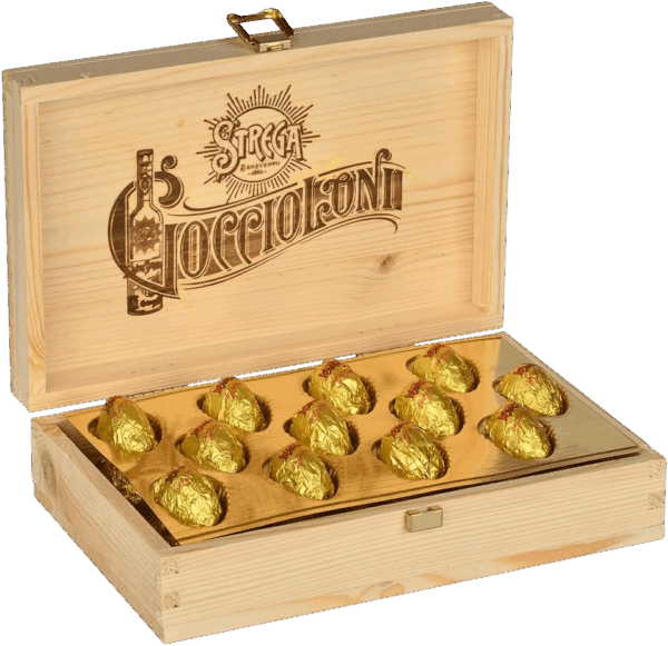 Strega Goccioloni Scrigno in Legno con Cioccolatini Fondenti Ripieni di Liquore 310g