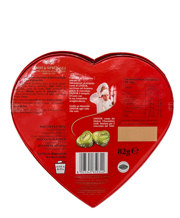 Lindt Lindor Scatola Cuore a Pistacchio 82g retro