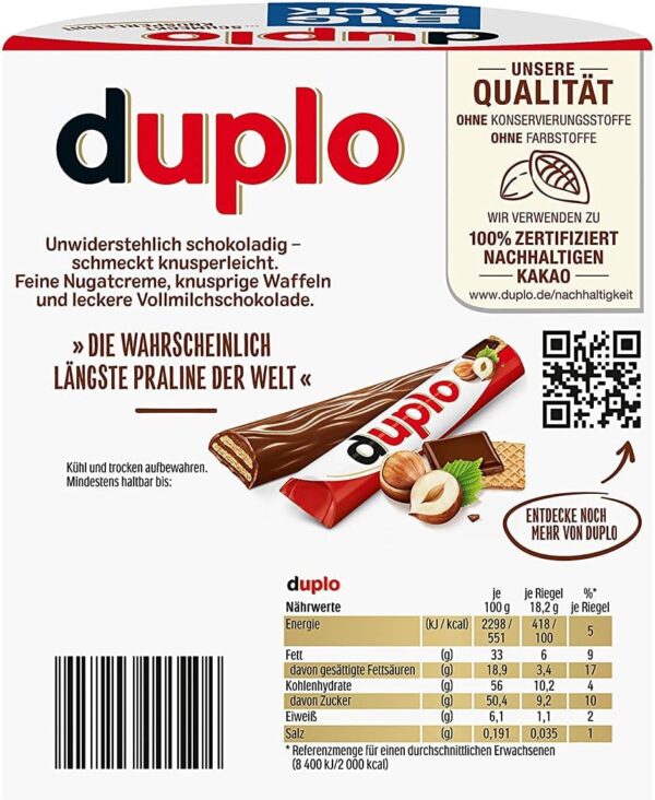 Duplo Barrette al Cioccolato a Latte e Wafer 327,6g retro