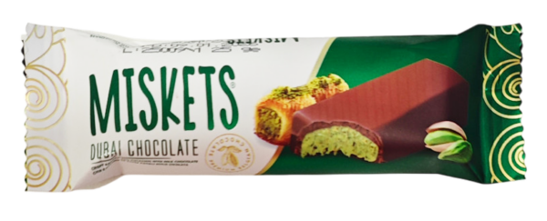 Miskets Dubai Chocolate Barretta di Cioccolato con Ripieno di Kadayif Croccante e Pistacchi 25g