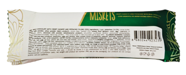 Miskets Dubai Chocolate Barretta di Cioccolato con Ripieno di Kadayif Croccante e Pistacchi 25g retro