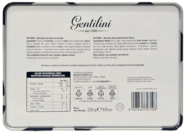 Gentilini Biscottiera Piazza di Spagna con biscotti Vittorio 250g ingredienti