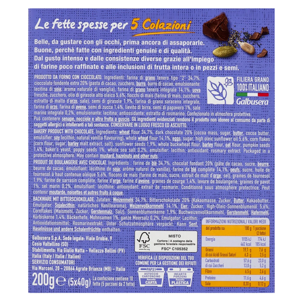 Galbusera BelleBuone Fette Spesse con Cioccolato, Semi di Papavero, Girasole e Zucca 200g