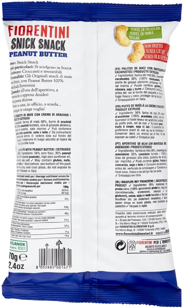 Fiorentini Snick Snack Peanut Butter Cornetti di Mais con Crema di Arachidi 70g