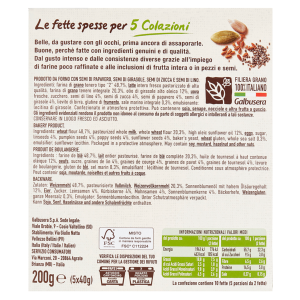 Galbusera BelleBuone Fette Spesse con Semi di Papavero, Girasole, Zucca e Lino 200g