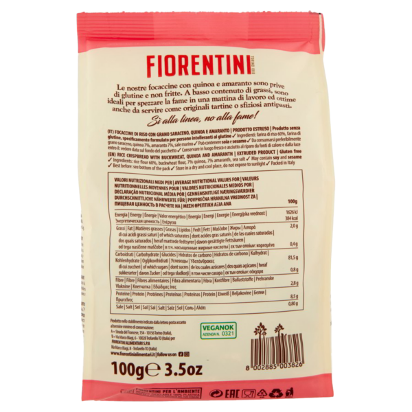 Fiorentini Focaccine Saraceno Quinoa e Amaranto Senza Glutine 100g retro