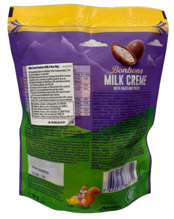 Milka Bonbons Ovetti Latte e Nocciola 86g retro
