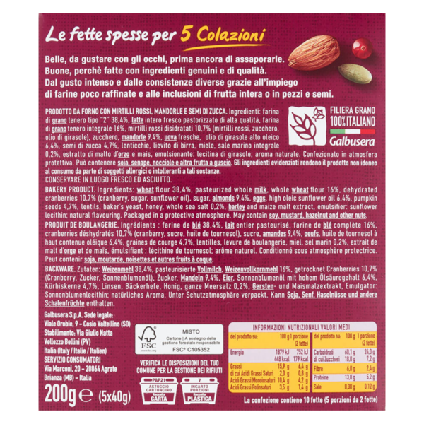 Galbusera BelleBuone Fette Spesse con Mirtilli Rossi, Mandorle e Semi di Zucca