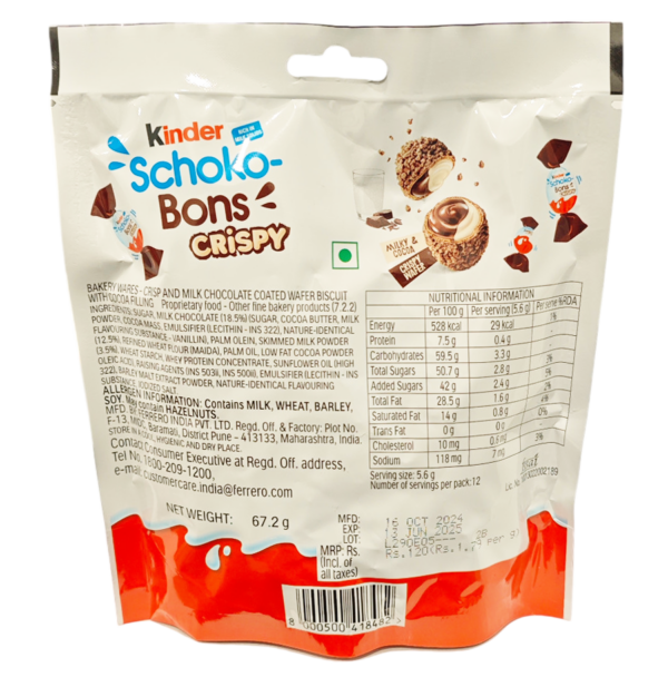 Kinder SchokoBons Crispy Ovetti Ripieni di Crema al Latte e Cioccolato 67,2g retro