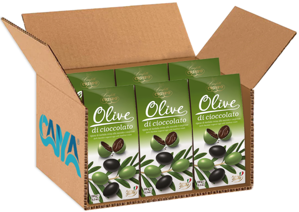 Crispo Olive Confettate al Cioccolato Fondente Ripiene alla Nocciola 150g box