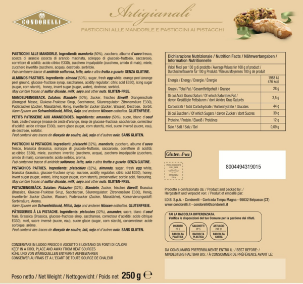 Condorelli Artigianali Pasticcini alle Mandorle e ai Pistacchi 250g ingredienti