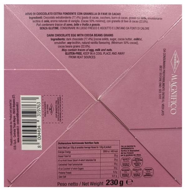 Condorelli Magnifico Uovo con Cioccolato Extra Fondente e Fave di Cacao 230g ingredienti
