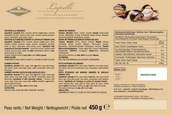 Condorelli Lapilli Pasticcini alle Mandorle Ricoperti di Cioccolato Fondente 450g ingredienti