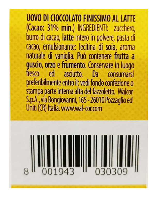 Walcor Snoopy Peanuts Uovo di Finissimo Cioccolato al Latte con Sorpresa 240g ingredienti
