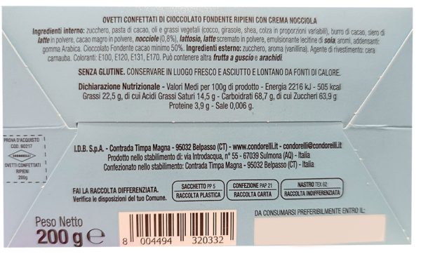 Condorelli Shopper Ovetti Confettati di Cioccolato Fondente e alla Nocciola 200g ingredienti