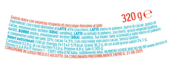 Kinder GranSorpresa Gigante SpiderMan Uovo di Cioccolato al Latte 320g ingredienti