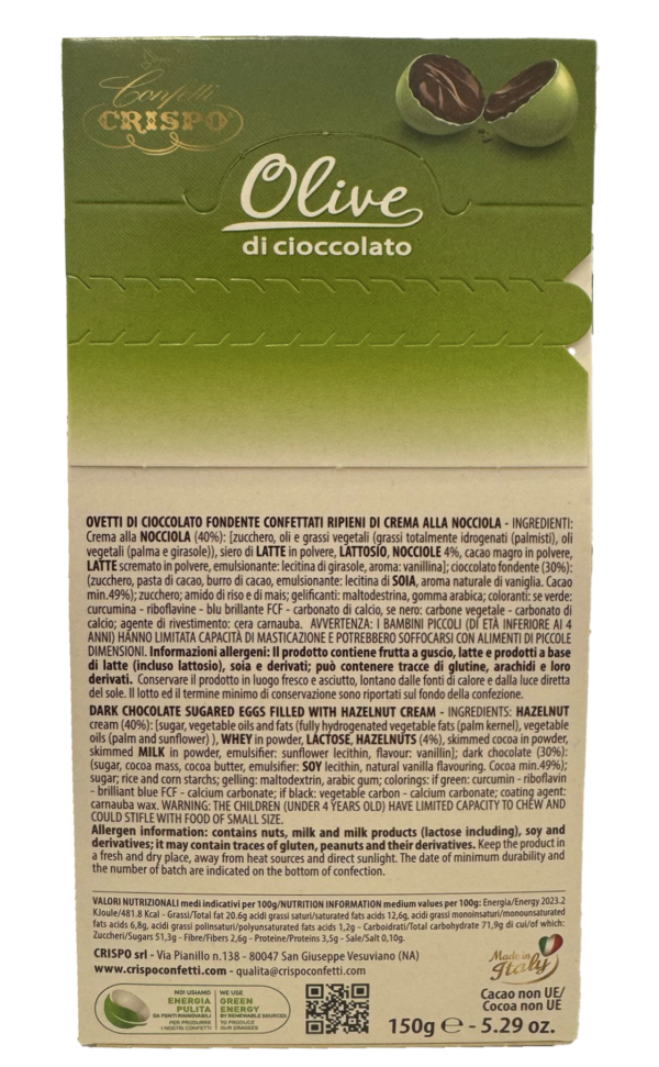 Crispo Olive Confettate al Cioccolato Fondente Ripiene alla Nocciola 150g retro