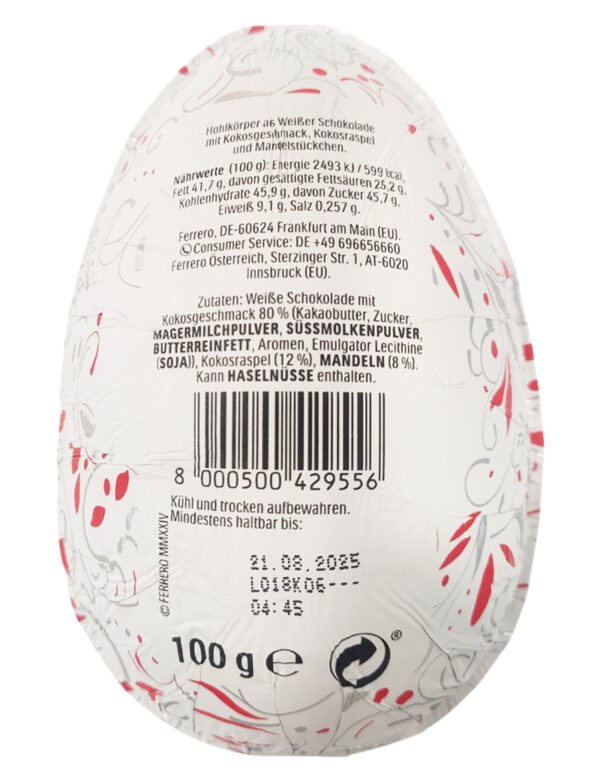 Raffaello Uovo Cioccolato Bianco al Gusto di Cocco con Scaglie 100g retro