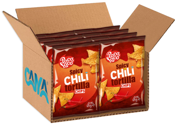 Poco Loco Tortilla Chips Spicy Chili Snack di Mais al Peperoncino Piccante 125g box