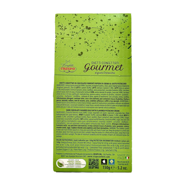 Crispo Ovetti Confettati Gourmet Cioccolato Fondente e Pistacchio 150g retro